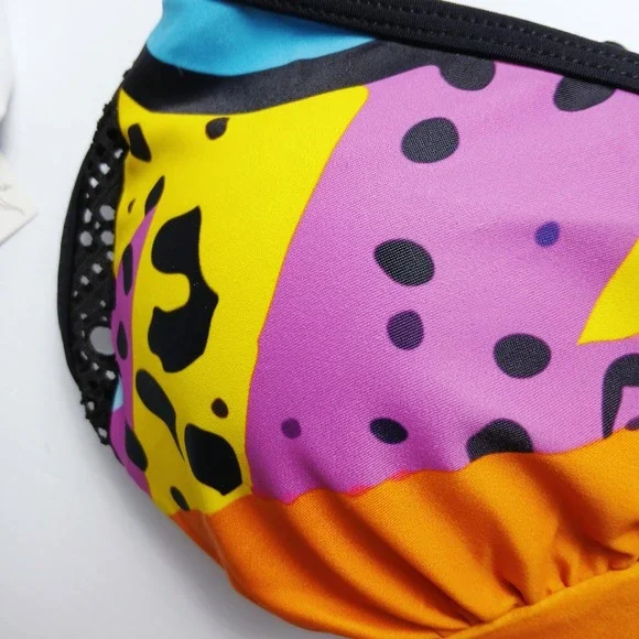 Retro 90s Neon Geometric Animal Print One Piece Halter Swimsuit Mesh Trim NWOT - Picture 5 of 6